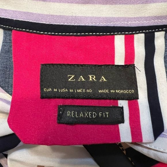 Zara Men's Relaxed Fit Short Sleeve Button Up Pink Blue Stripe Shirt Sz M NWT - Picture 7 of 16